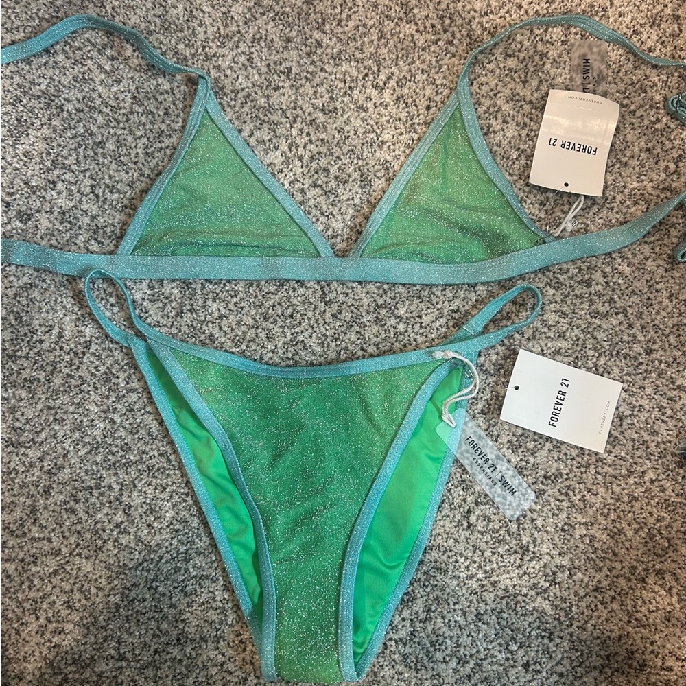 NWT Forever 21 Green and Blue Sparkly Bikini - Size Small